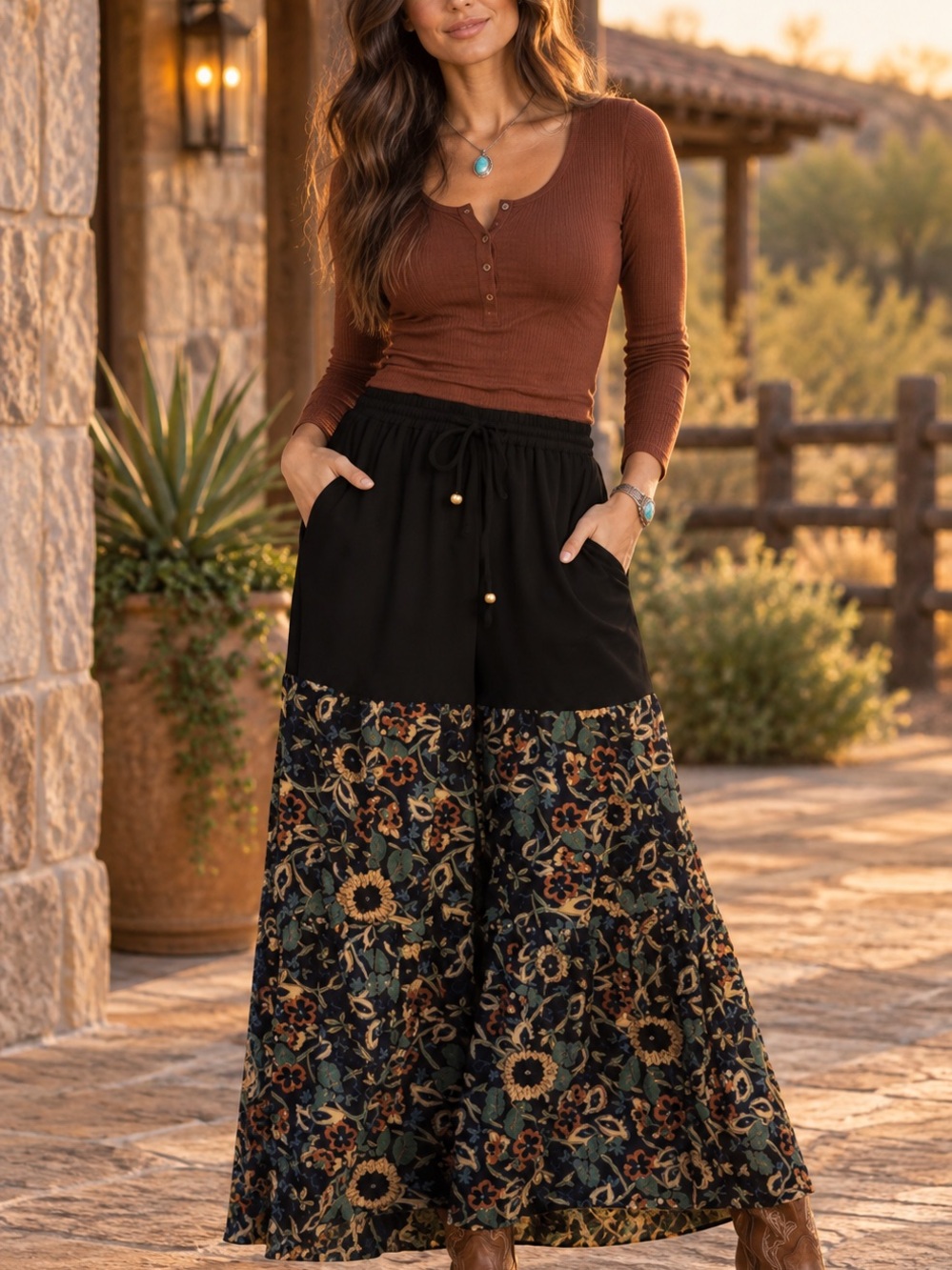 Young Threads Boho Floral Tiered Wide-Leg Pants - Black Floral